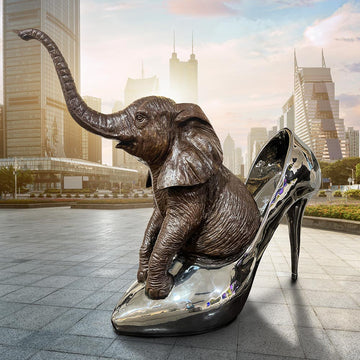 Walk With The Big Elephant (Bronze Sculpture)