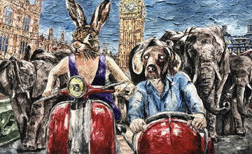 Rabbitwoman and Dogman had heard London was a zoo but the truth was it is a special place for elephants (Original Painting)