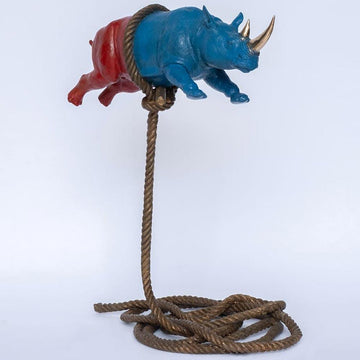 Flying Psychedelic Rhino on short rope (Bronze Sculpture)