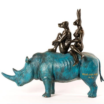 They Were Happy Rhino Riders (Bronze Sculpture)
