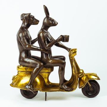 Their Morning Ride Started with Coffee and a Kiss (Bronze Sculpture)