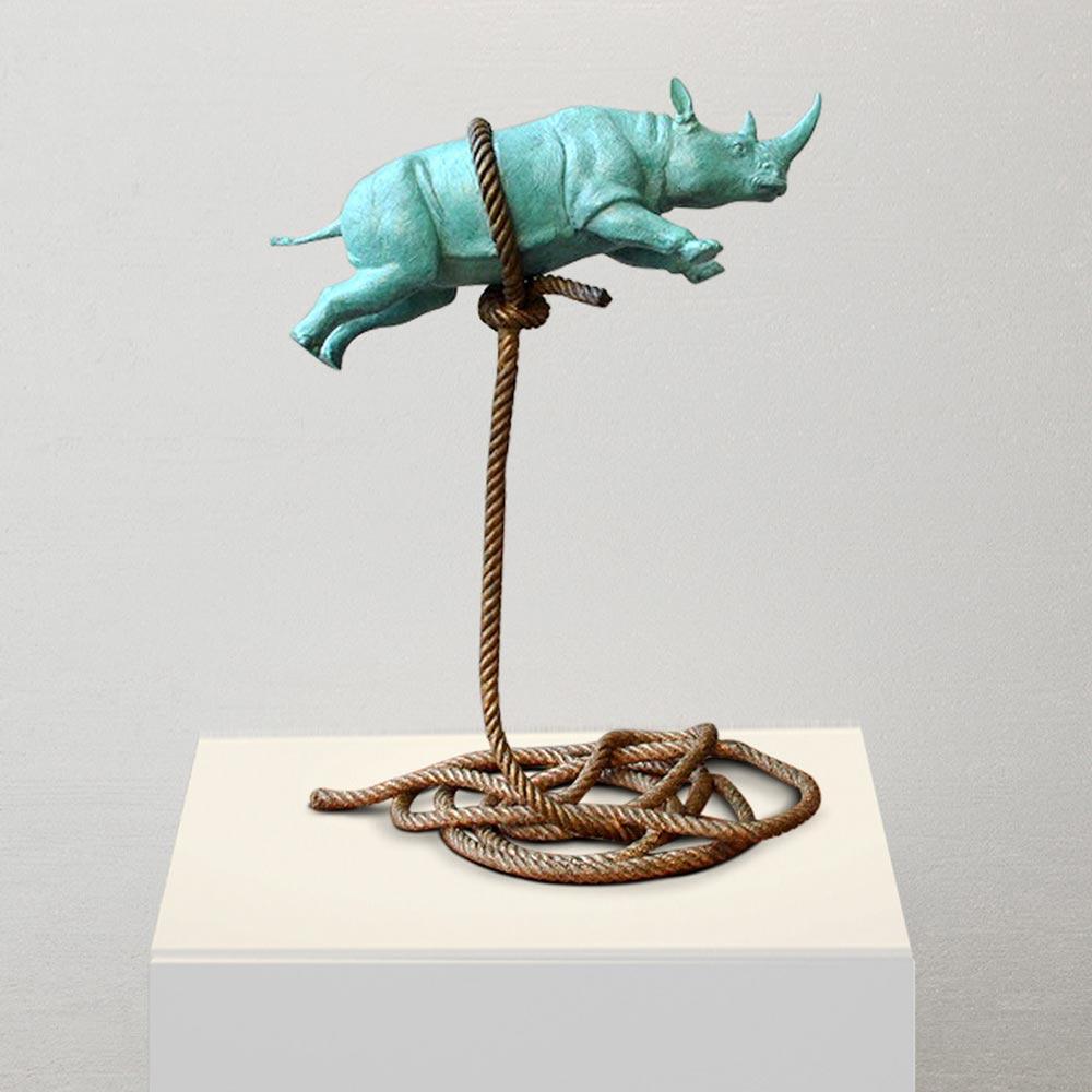 Green flying Rhino on short rope (Bronze Sculpture) – Gillie and Marc®