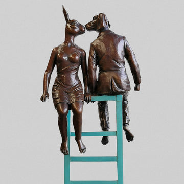 Dogman and Rabbitwoman Reach New Heights (Bronze Sculpture)