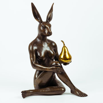 Rabbitwoman Thought a Pear in the Hand Is Worth Two in the Bush (Bronze Sculpture)