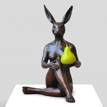 Rabbitwoman Thought a Pear in the Hand Is Worth Two in the Bush (Bronze Sculpture)