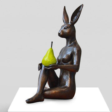 Rabbitwoman Thought a Pear in the Hand Is Worth Two in the Bush (Bronze Sculpture)
