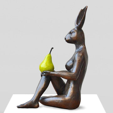 Rabbitwoman Thought a Pear in the Hand Is Worth Two in the Bush (Bronze Sculpture)