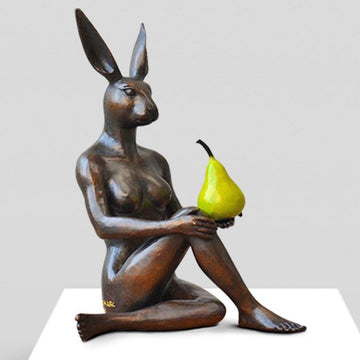 Rabbitwoman Thought a Pear in the Hand Is Worth Two in the Bush (Bronze Sculpture)