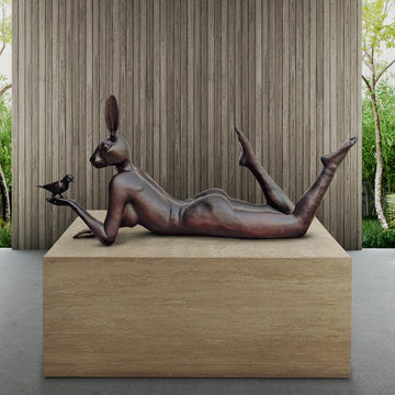 Rabbitwoman Thought a Bird in the Hand Is Always Much Better (Bronze Sculpture, Mid-Size)