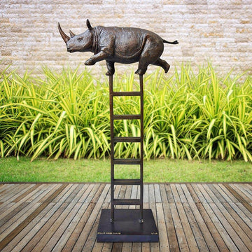 Rhino Reaches New Heights Above It All (Bronze Sculpture)