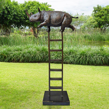 Rhino Reaches New Heights Above It All (Bronze Sculpture)