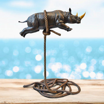 Flying Rhino on Short Rope with a Gold Horn (Bronze Sculpture)