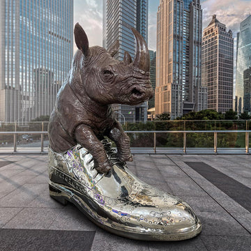 Walk With The Big Rhino (Bronze Sculpture)