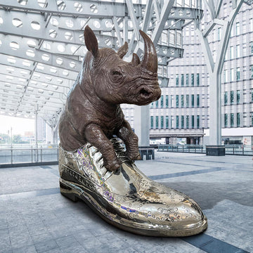 Walk With The Big Rhino (Bronze Sculpture)