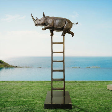 Rhino Reaches New Heights Above It All (Bronze Sculpture)