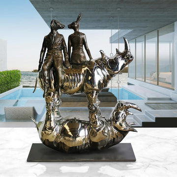 Rhinos Are Balanced with a Little Love from Their Friends (Bronze Sculpture)