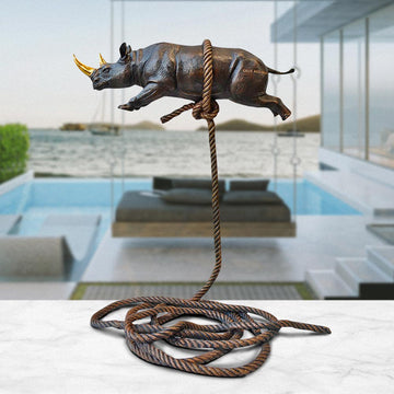 Flying Rhino on Short Rope with a Gold Horn (Bronze Sculpture)