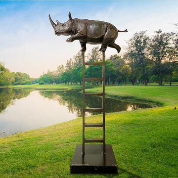 Rhino Reaches New Heights Above It All (Bronze Sculpture)