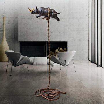 Flying Rhino on Long Rope with a Gold Horn (Bronze Sculpture)