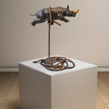 Flying Rhino on Short Rope with a Gold Horn (Bronze Sculpture)