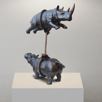 Hippo and Rhino Support Each Other (Bronze Sculpture)