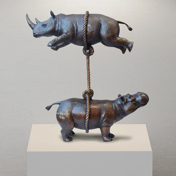 Hippo and Rhino Support Each Other (Bronze Sculpture)