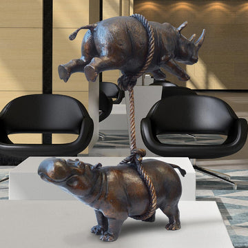 Hippo and Rhino Support Each Other (Bronze Sculpture)