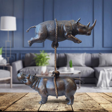 Hippo and Rhino Support Each Other (Bronze Sculpture)
