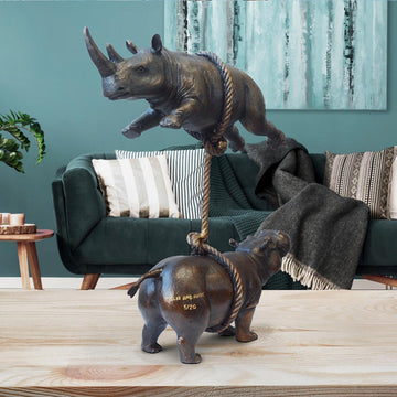 Hippo and Rhino Support Each Other (Bronze Sculpture)