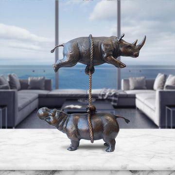 Hippo and Rhino Support Each Other (Bronze Sculpture)