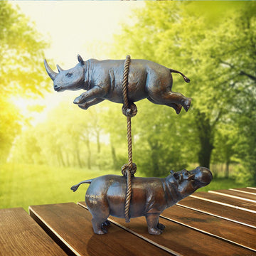 Hippo and Rhino Support Each Other (Bronze Sculpture)