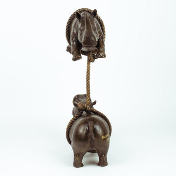 Hippo and Rhino Support Each Other (Bronze Sculpture)