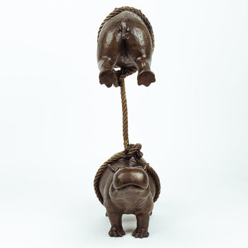 Hippo and Rhino Support Each Other (Bronze Sculpture)