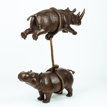 Hippo and Rhino Support Each Other (Bronze Sculpture)