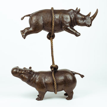 Hippo and Rhino Support Each Other (Bronze Sculpture)