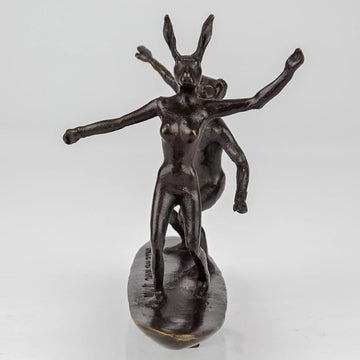 Surfers, Together on a Wave (Bronze Sculpture, Pocket Size)