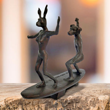 Surfers, Together on a Wave (Bronze Sculpture, Pocket Size)