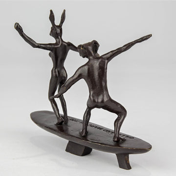 Surfers, Together on a Wave (Bronze Sculpture, Pocket Size)