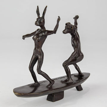 Surfers, Together on a Wave (Bronze Sculpture, Pocket Size)