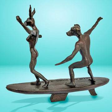 Surfers, Together on a Wave (Bronze Sculpture, Pocket Size)
