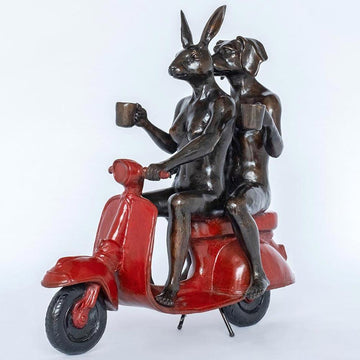 Their Morning Ride Started with Coffee and a Kiss (Bronze Sculpture)