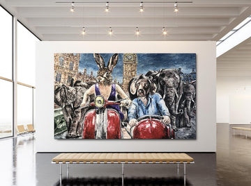 Rabbitwoman and Dogman had heard London was a zoo but the truth was it is a special place for elephants (Original Painting)