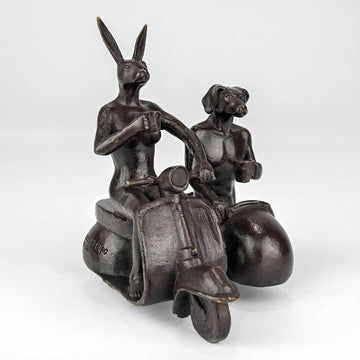 Vespa Riders, side by side (Bronze Sculpture, Pocket Size)