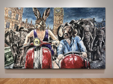 Rabbitwoman and Dogman had heard London was a zoo but the truth was it is a special place for elephants (Original Painting)
