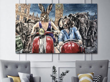 Rabbitwoman and Dogman had heard London was a zoo but the truth was it is a special place for elephants (Original Painting)