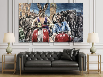 Rabbitwoman and Dogman had heard London was a zoo but the truth was it is a special place for elephants (Original Painting)