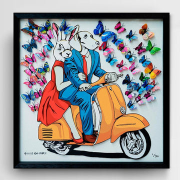 They had a blue/red/yellow vespa that made their heart flutter (Framed 3D Collage Print)