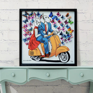 They had a blue/red/yellow vespa that made their heart flutter (Framed 3D Collage Print)