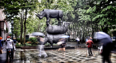 17-foot stacked, bronze rhino sculpture finds new home in Downtown Brooklyn