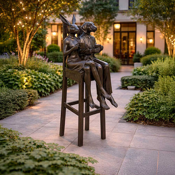 Rabbitwoman and Dogman Above It All, Savoring a Morning Brew (Bronze Sculpture, Mid-Size)